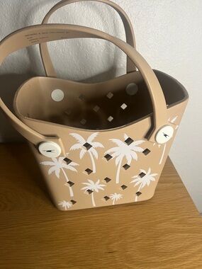 Mini Tan Tote Bag with White Palm Print